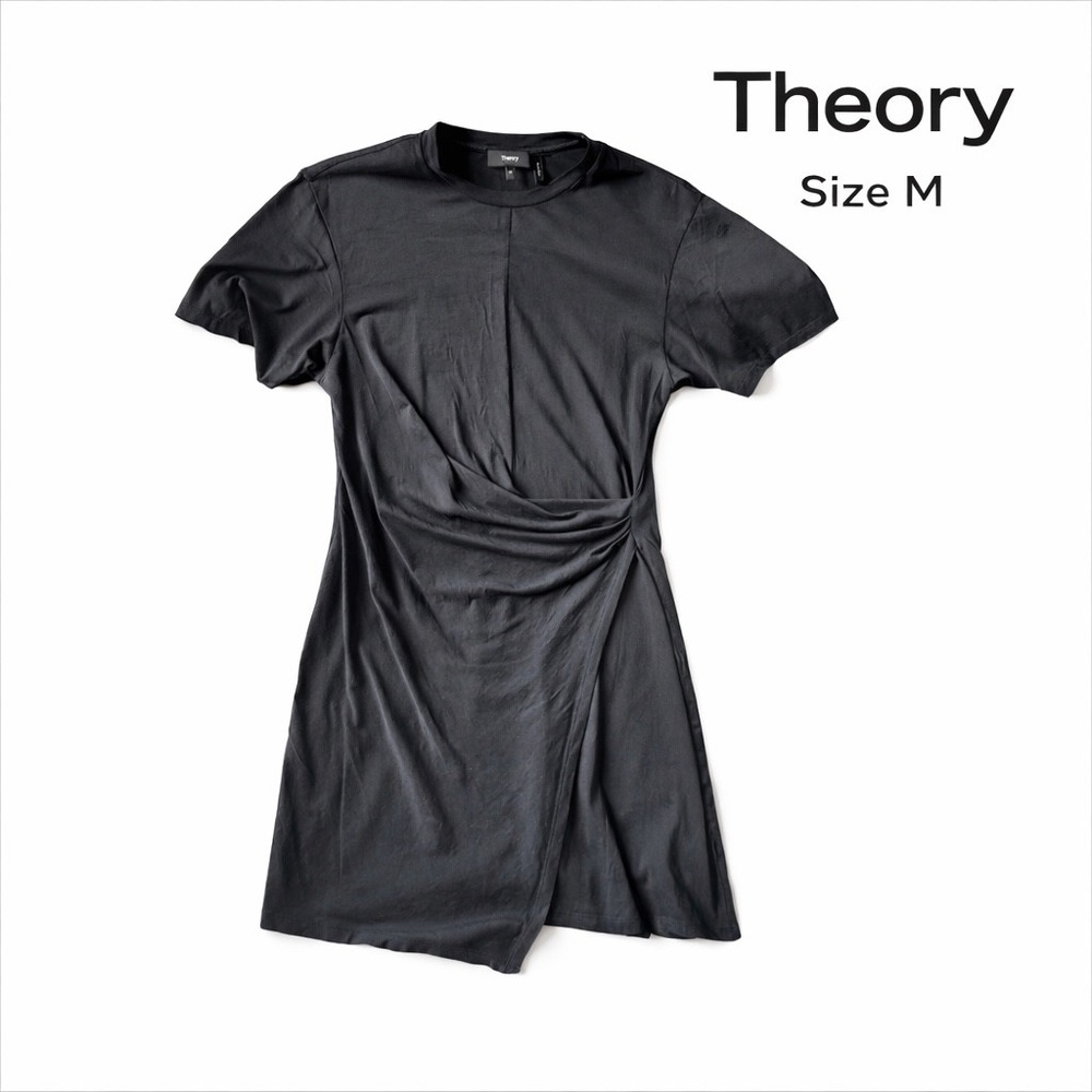 Theory Black Twist Side Drape T-Shirt Dress Size M Cotton Jersey Minimalist
